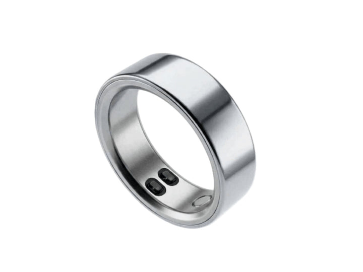 Silver polished smart ring for health tracking.
