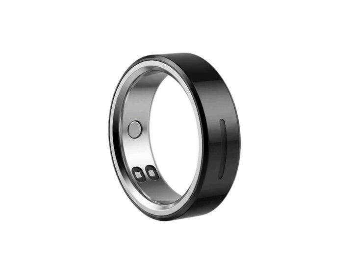 Black ceramic smart ring with sleek minimalist design.